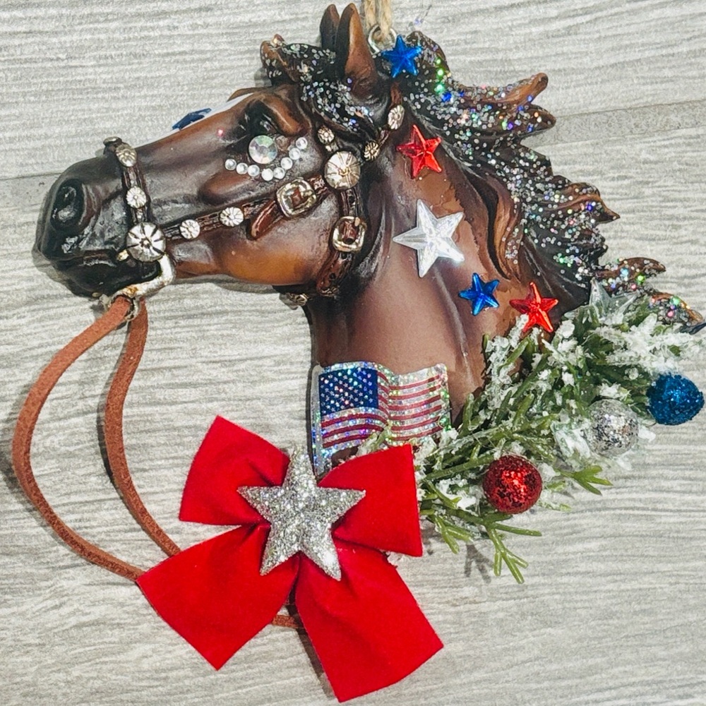Holiday Horses: “Freedom” design. Decorated Christmas/holiday  horse ornament